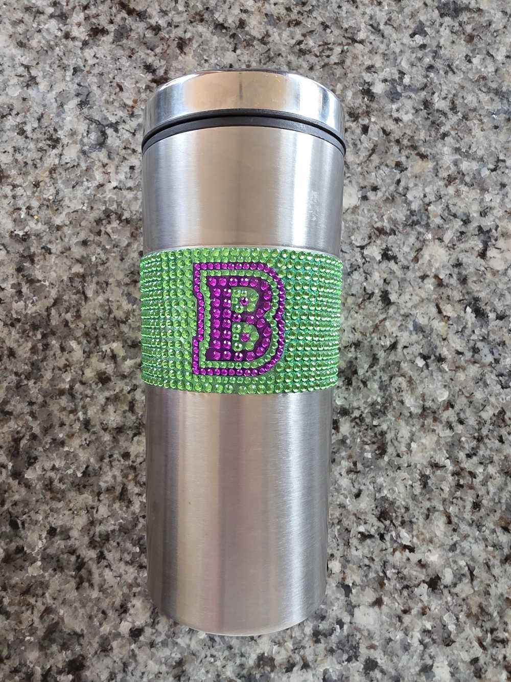 Bling Green and Pink Rhinestone Initial 'B' Stainless Tumbler
